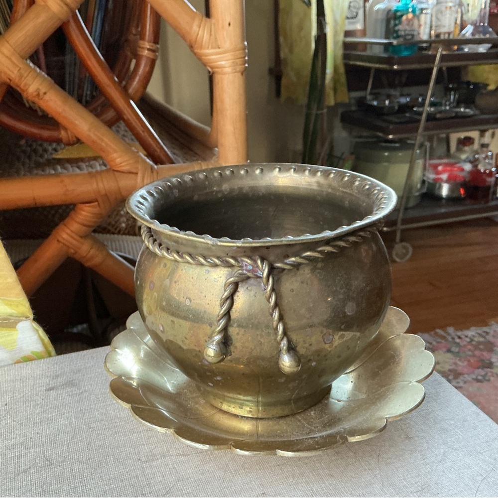 Vintage Brass Planter with Scalloped Saucer